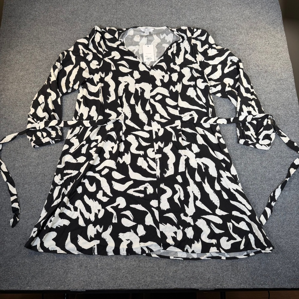 Nine West Womens XL Black Abstract Leopard Print V-Neck Tie Waist Top Tunic 3158